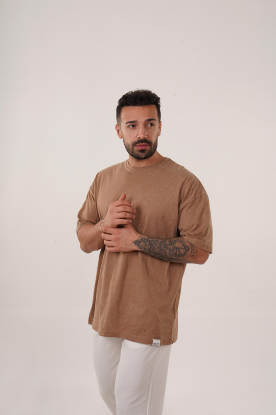 T-SHİRTTaba Yıkamalı Compak Pamuk Oversize T-Shirt PLZ