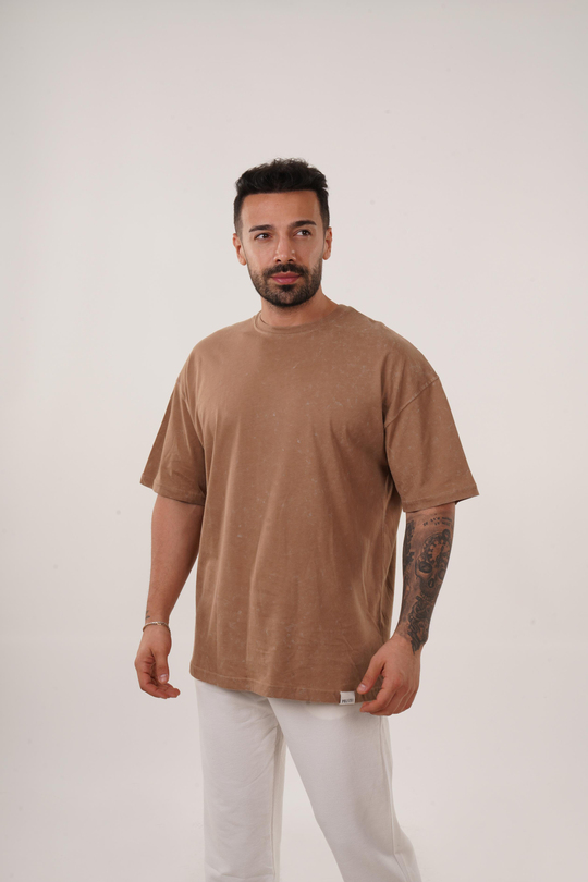 T-SHİRTTaba Yıkamalı Compak Pamuk Oversize T-Shirt PLZ