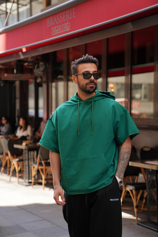 T-SHİRTYeşil Kapşonlu Kanguru Cep Oversize T-Shirt VMS 30175