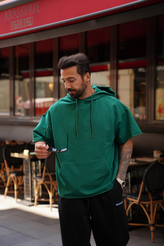 T-SHİRTYeşil Kapşonlu Kanguru Cep Oversize T-Shirt VMS 30175