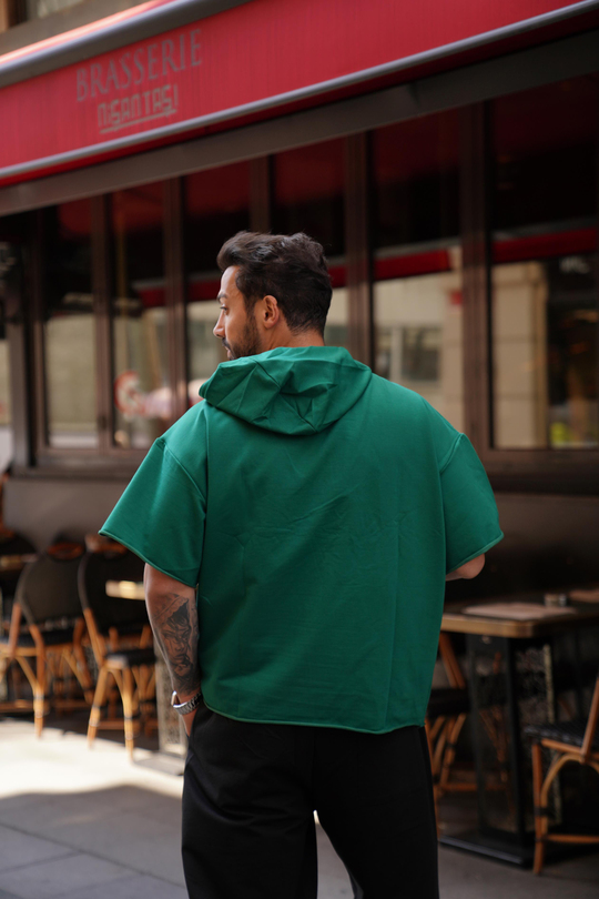T-SHİRTYeşil Kapşonlu Kanguru Cep Oversize T-Shirt VMS 30175