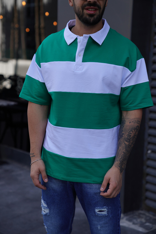 T-SHİRTYeşil Parçalı Oversize Polo Yaka TK 1003