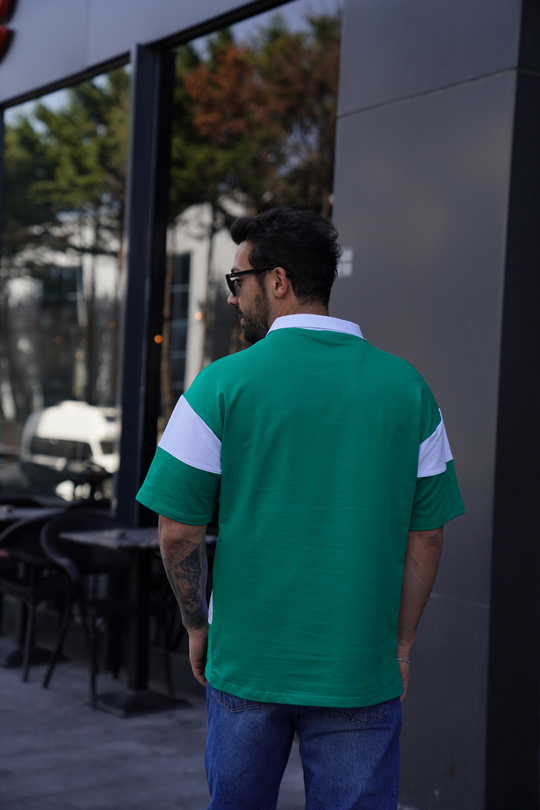 T-SHİRTYeşil Parçalı Oversize Polo Yaka TK 1003