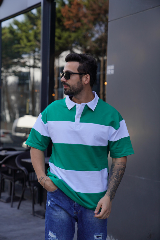 T-SHİRTYeşil Parçalı Oversize Polo Yaka TK 1003
