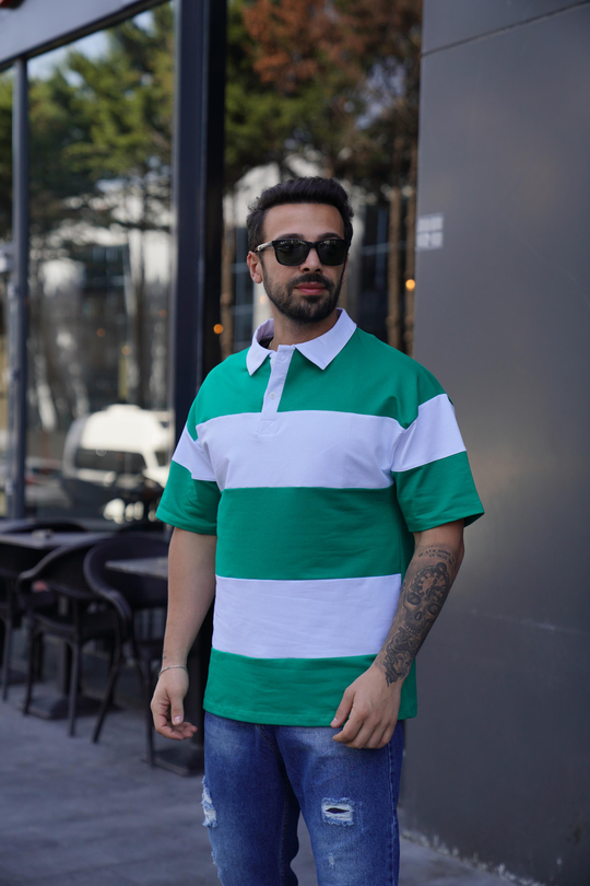T-SHİRTYeşil Parçalı Oversize Polo Yaka TK 1003