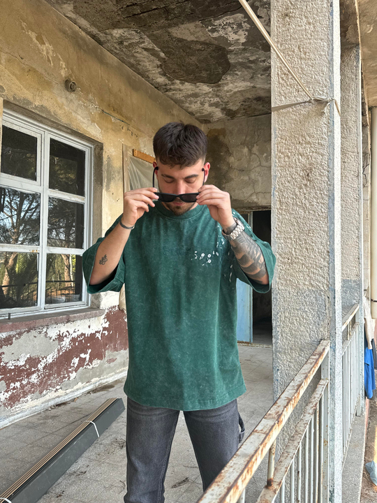 T-SHİRTZümrüt Yıkamalı Göğüs PNC Nakışlı Oversize T-SHIRT PNC 8115