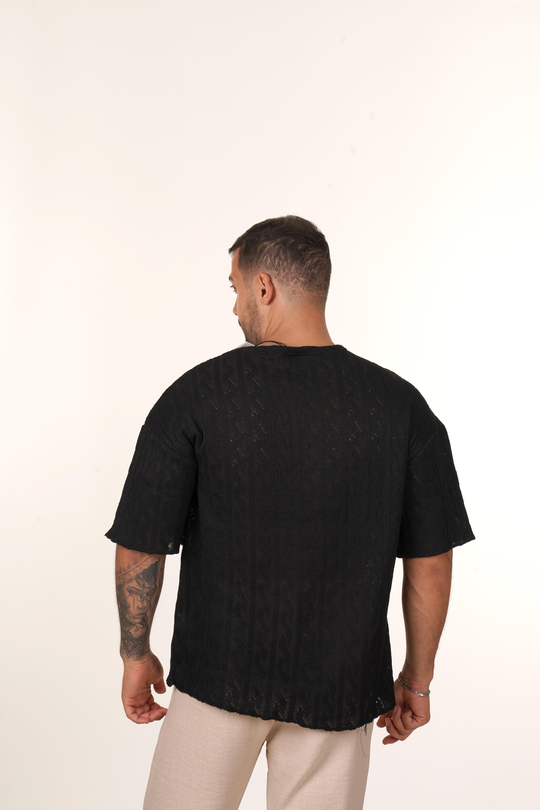 TRİKO & ÖRGÜ T-SHİRT Siyah Motif Delikli Oversize Knitwear T-SHİRT VMS 30977