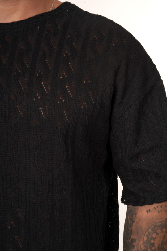 TRİKO & ÖRGÜ T-SHİRT Siyah Motif Delikli Oversize Knitwear T-SHİRT VMS 30977