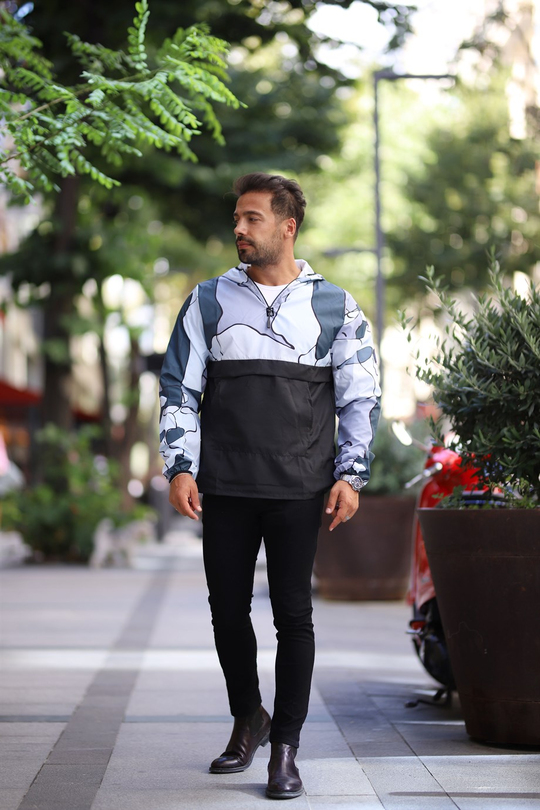YAĞMURLUKUnisex Gri Beyaz Parçalı Kapşonlu Yağmurluk