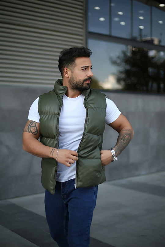YELEKErkek Haki Şişme Deri Yelek VMS