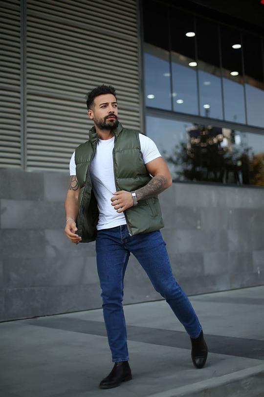 YELEKErkek Haki Şişme Deri Yelek VMS