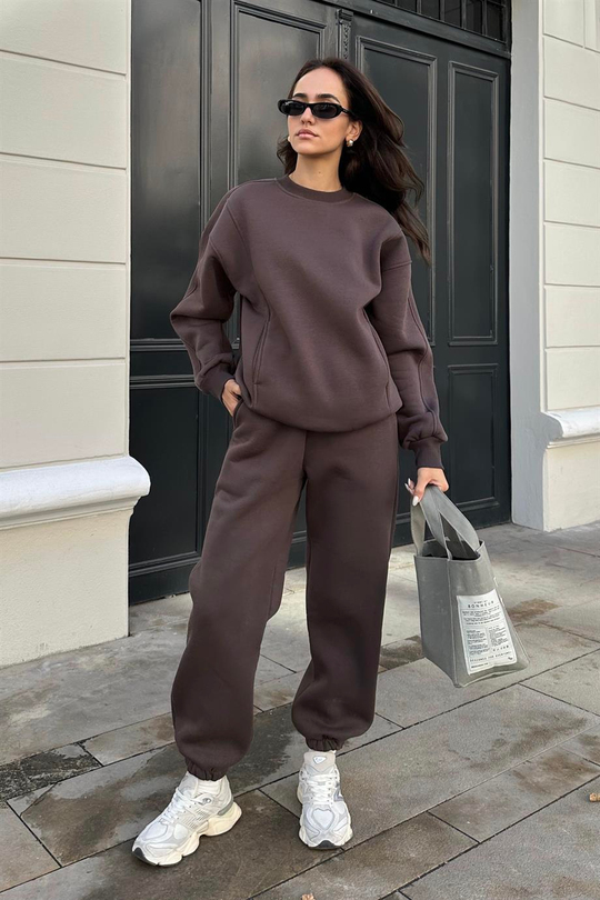 Brown Oversized Raised Cloth Tracksuit Set - Tracksuits - Nazliye