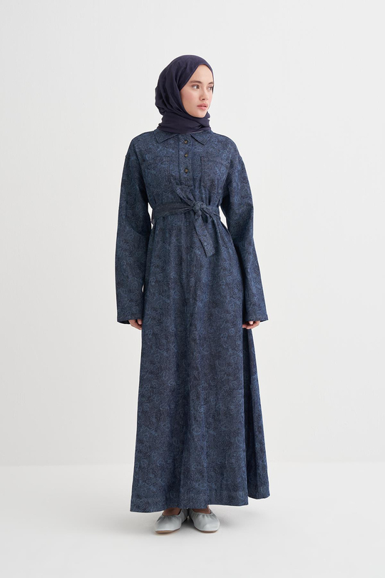 Liz Desenli Uzun Denim Elbise Koyu Mavi