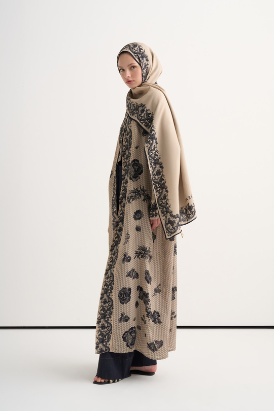 Floral Floş Abaya Vizon