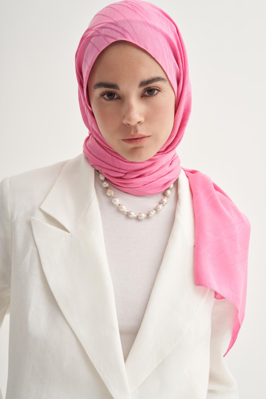 Simetrik Jakar İtalyan  İpekli Şal Koyu Pembe