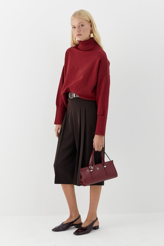 Balıkçı Yaka Oversize Triko Kazak Bordo