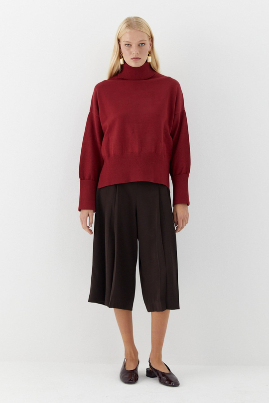 Balıkçı Yaka Oversize Triko Kazak Bordo