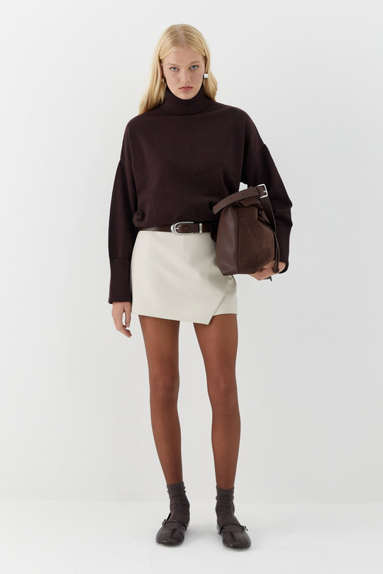 Balıkçı Yaka Oversize Triko Kazak Kahverengi