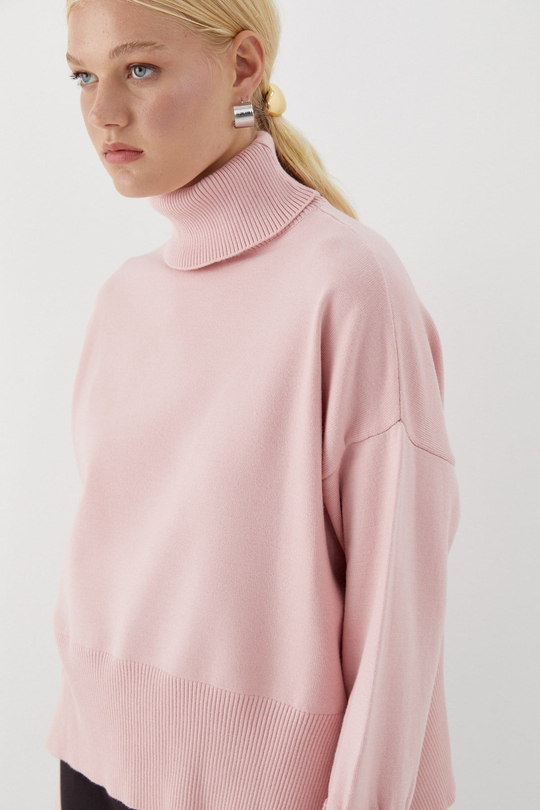 Balıkçı Yaka Oversize Triko Kazak Pembe