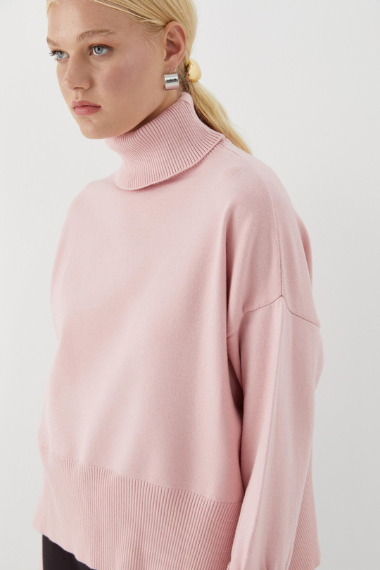 Balıkçı Yaka Oversize Triko Kazak Pembe