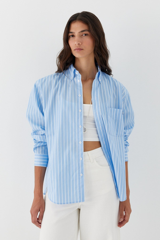 Çizgili Oversize Poplin Gömlek Açık Mavi