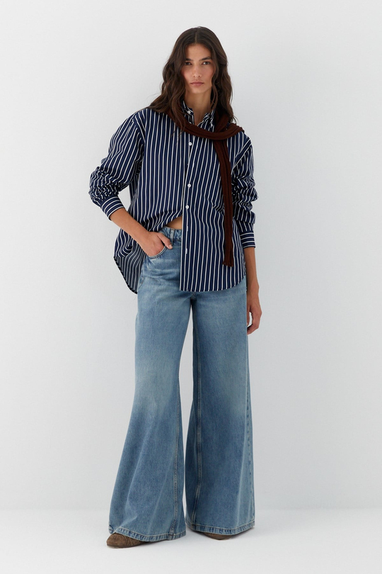 Çizgili Oversize Poplin Gömlek Lacivert
