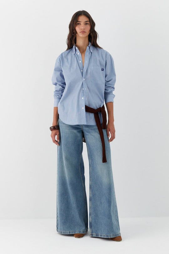 Çizgili Oversize Poplin Gömlek Mavi