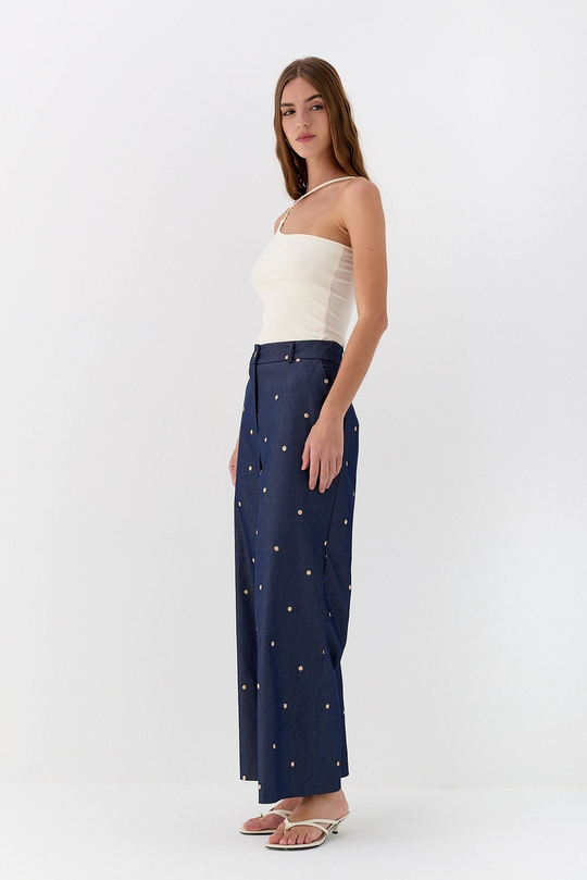 İşlemeli Denim Görünümlü Pantolon Lacivert