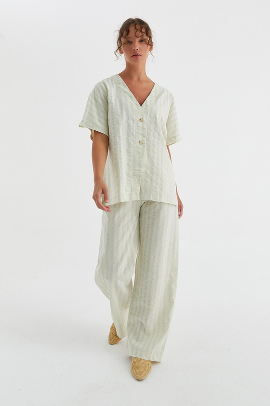 Kalın Çizgi Detaylı Gömlek Pantolon Takım Ekru