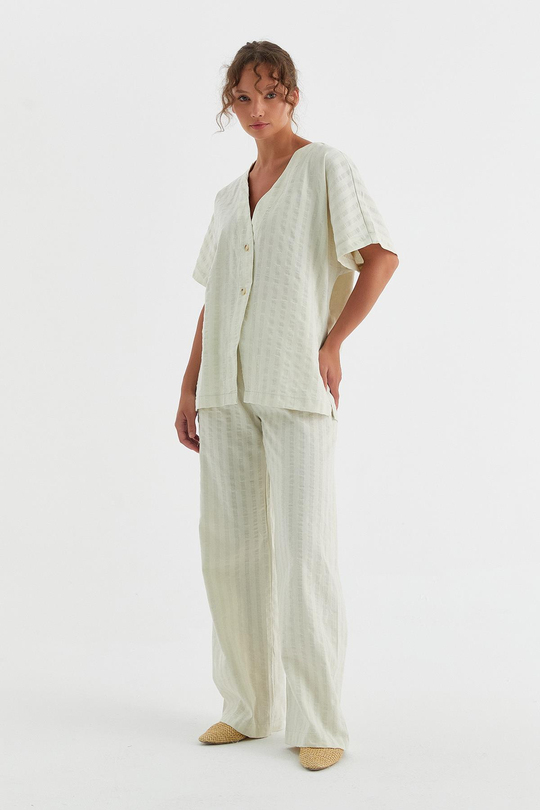 Kalın Çizgi Detaylı Gömlek Pantolon Takım Ekru