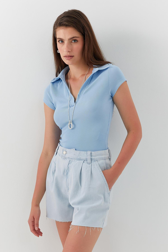 Pileli Yüksek Bel Şort Mavi