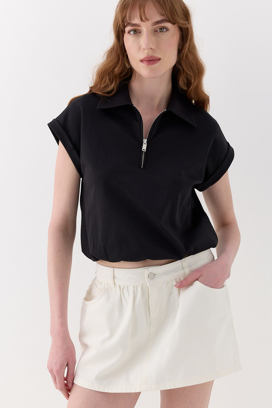 Polo Yaka İnterlok Bluz Siyah