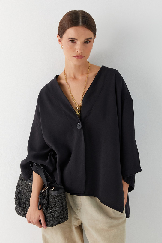 Tek Düğmeli Kimono Siyah