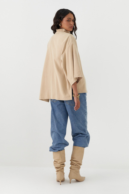 Triko Görünümlü Örme Kimono Krem