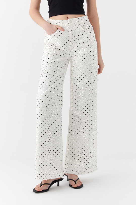 Wide Leg Puantiyeli Pantolon Beyaz