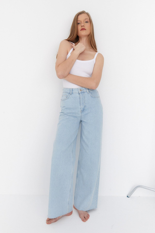 Yüksek Bel Geniş Paça Jean Pantalon Açık Mavi