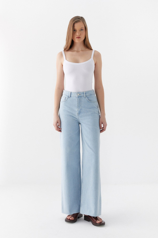 Yüksek Bel Geniş Paça Jean Pantalon Açık Mavi