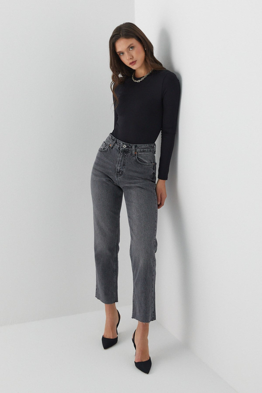 Yüksek Bel Slim Fit Jean Pantolon Gri