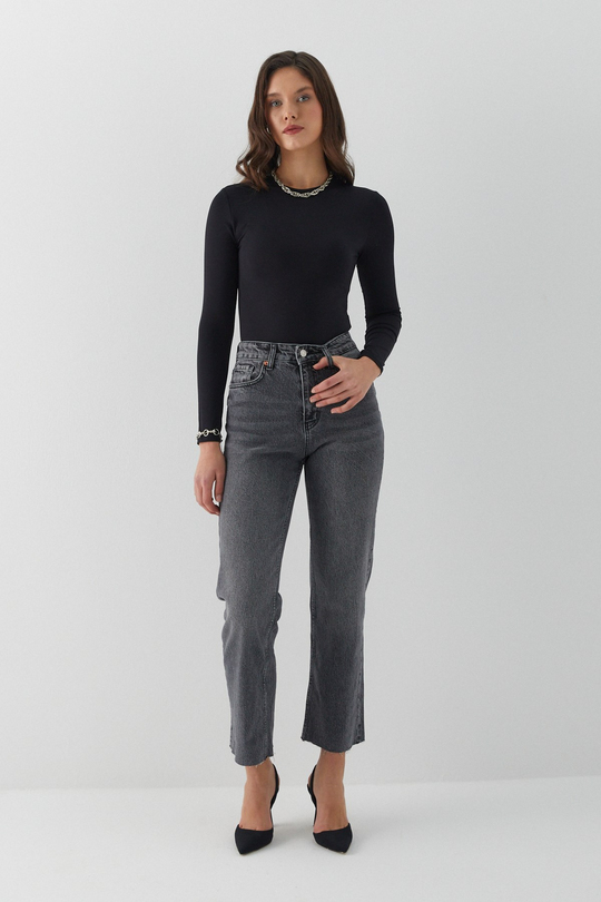 Yüksek Bel Slim Fit Jean Pantolon Gri