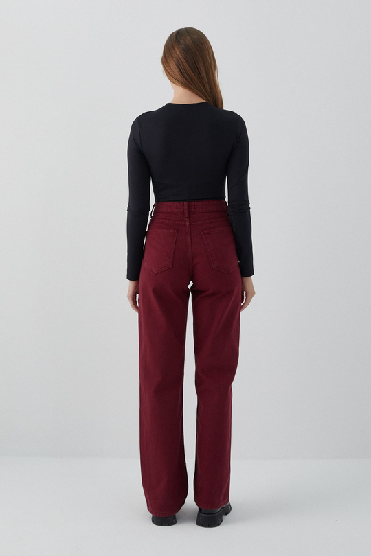 Yüksek Bel Straight Jean Bordo
