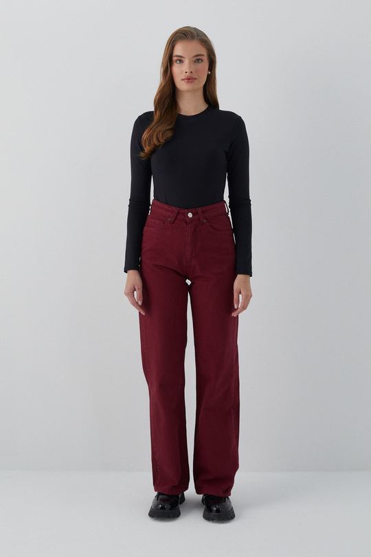 Yüksek Bel Straight Jean Bordo