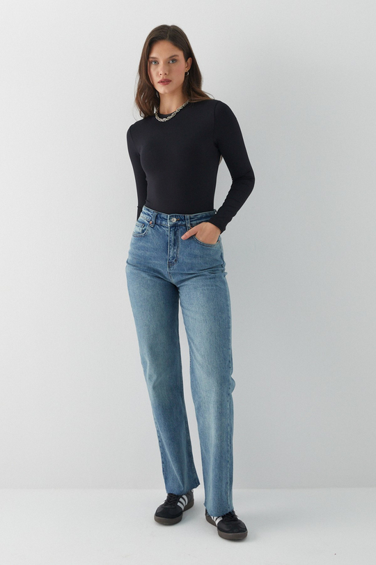 Yüksek Bel Straight Leg Jean Pantolon Mavi
