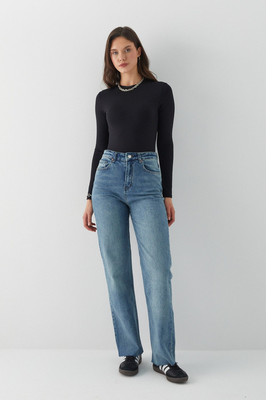 Yüksek Bel Straight Leg Jean Pantolon Mavi
