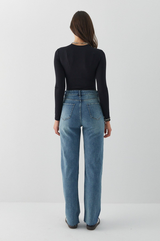 Yüksek Bel Straight Leg Jean Pantolon Mavi