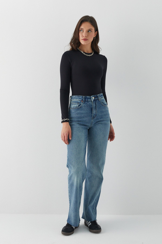 Yüksek Bel Straight Leg Jean Pantolon Mavi