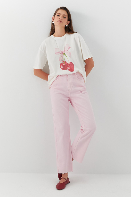 Yüksel Bel Straight Leg Jean Pantolon Pembe