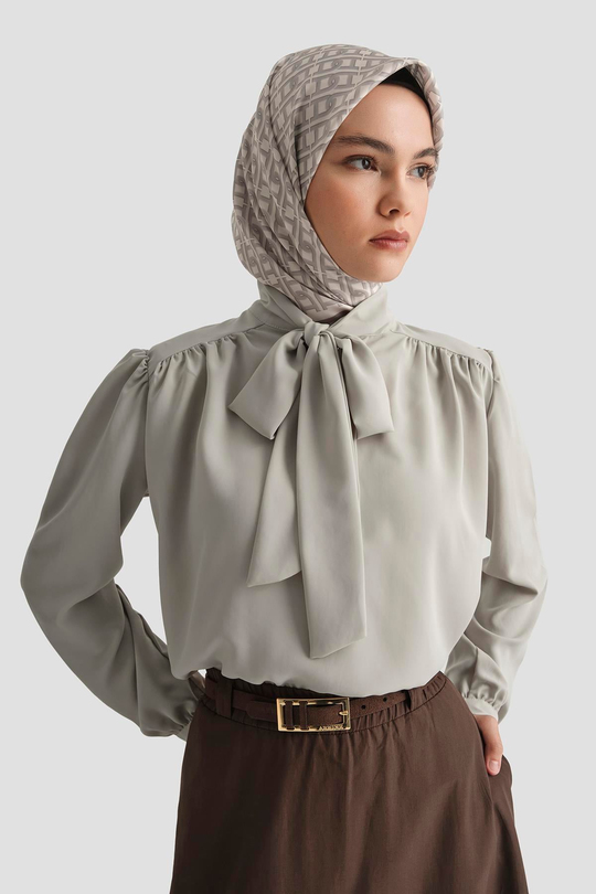 Boyun Kurdele Desenli Tunik-Gri 25YT303