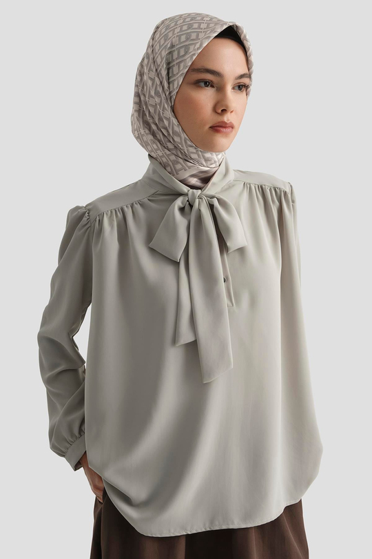 Boyun Kurdele Desenli Tunik-Gri 25YT303