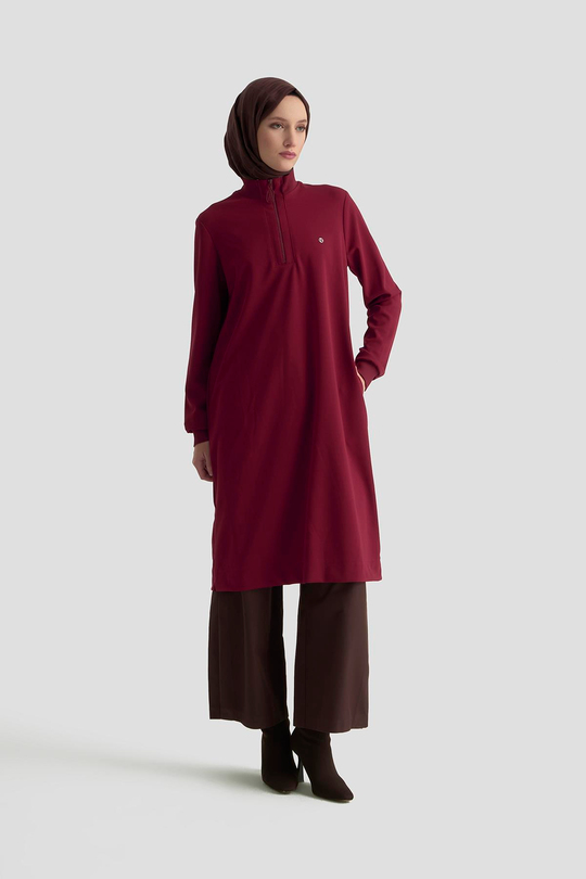Kolları Ribanalı Yarım Fermuarlı Tunik Bordo 25KT456 
