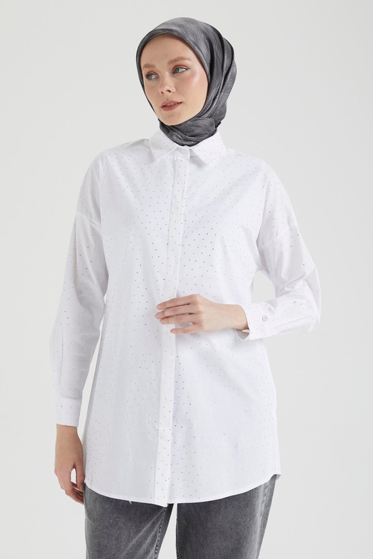 Taş İşlemeli Gizli Düğmeli Tunik-Ekru 25YT311